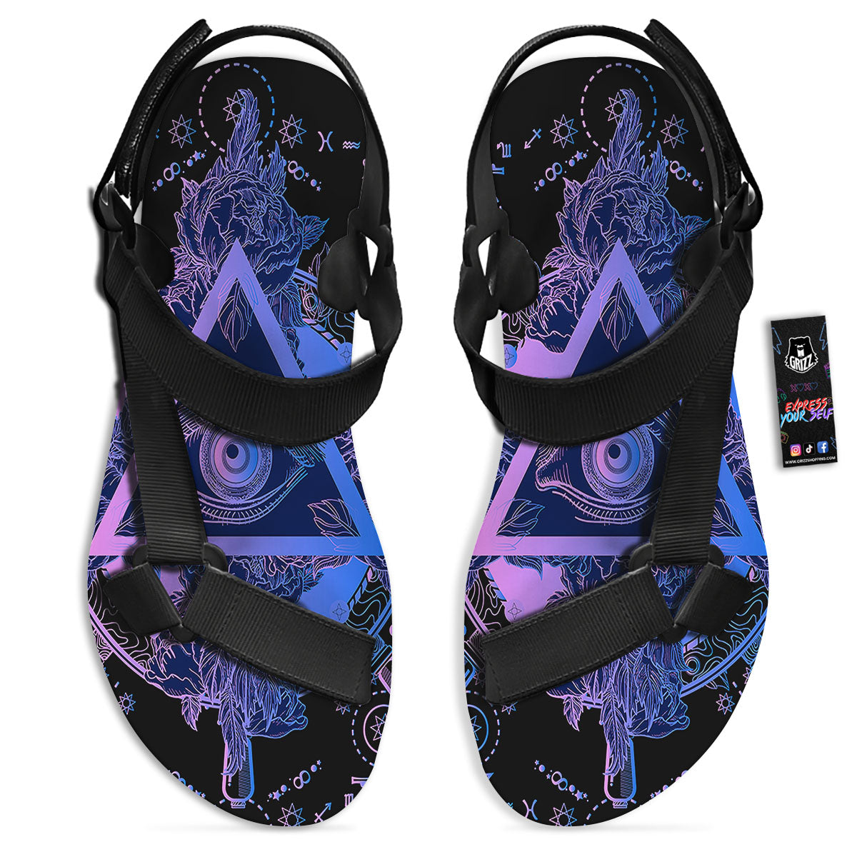 Spiritual Eye Of Providence Print Black Open Toe Sandals-grizzshop