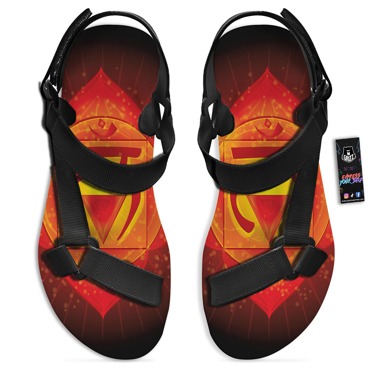 Spiritual Muladhara Chakra Print Black Open Toe Sandals-grizzshop