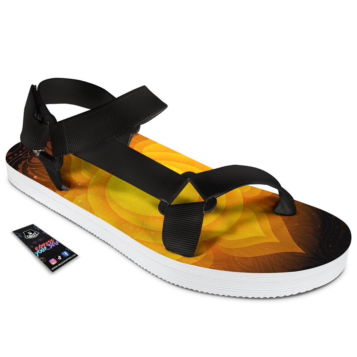 Spiritual Swadhisthana Chakra Print Black Open Toe Sandals-grizzshop