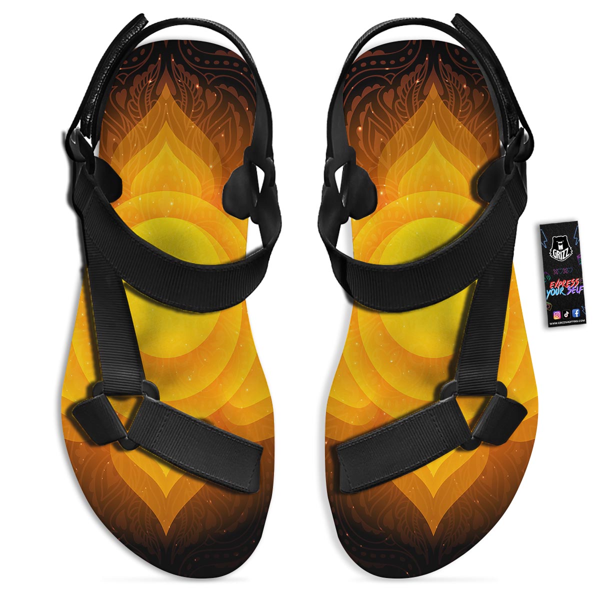 Spiritual Swadhisthana Chakra Print Black Open Toe Sandals-grizzshop