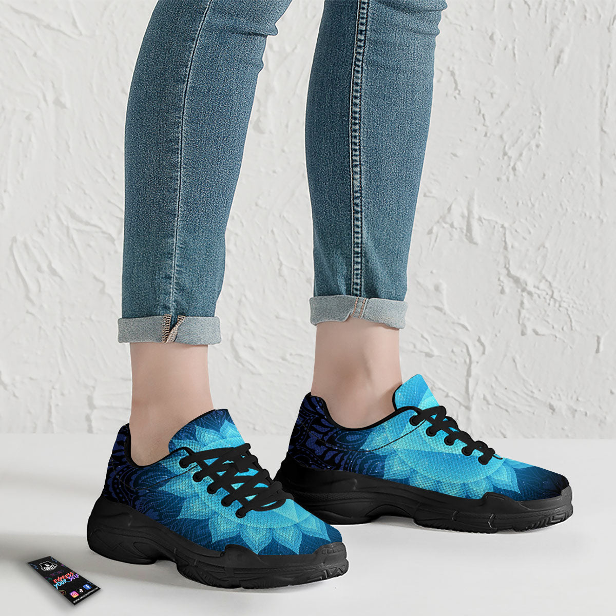 Spiritual Vishuddha Chakra Print Black Chunky Shoes-grizzshop