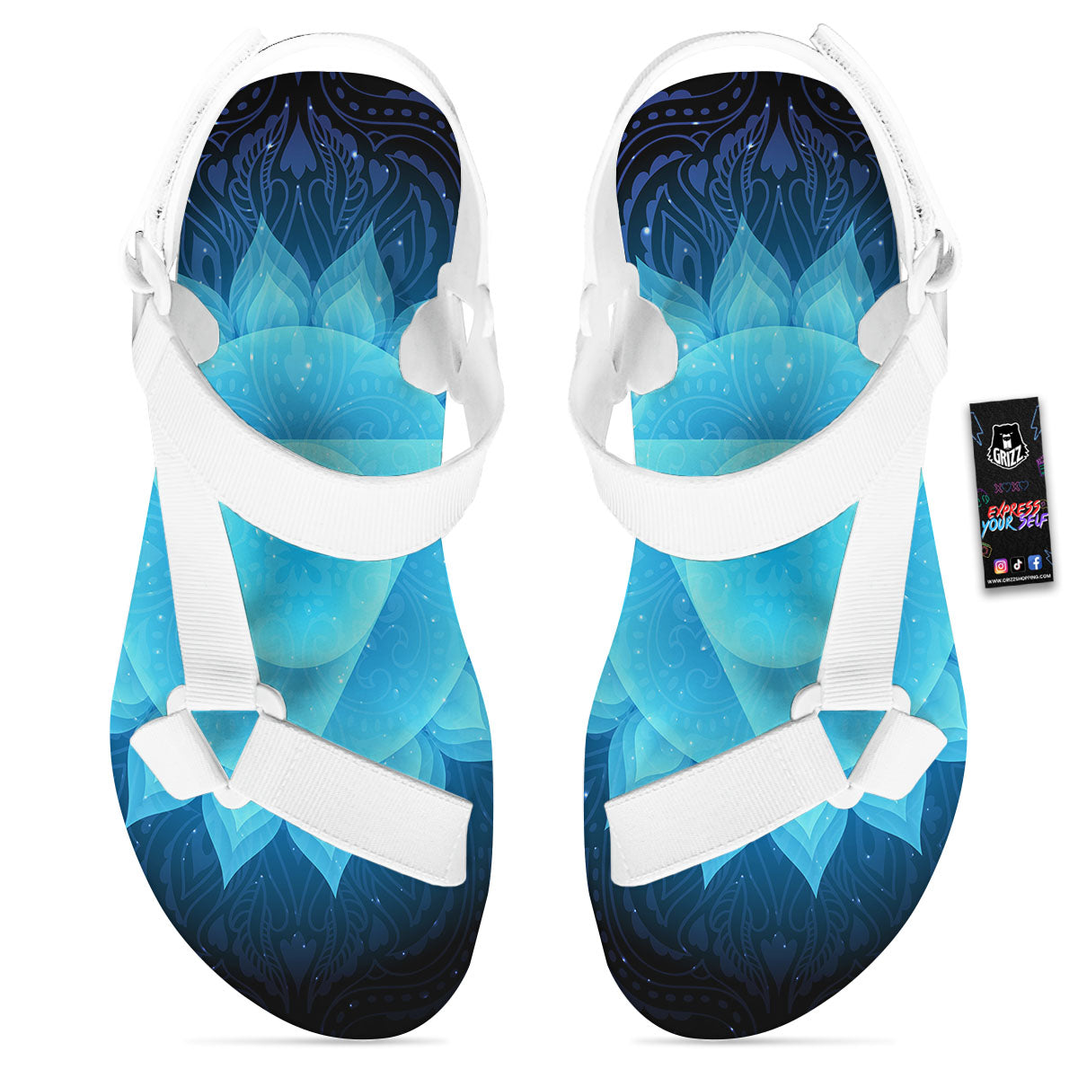 Spiritual Vishuddha Chakra Print White Open Toe Sandals-grizzshop