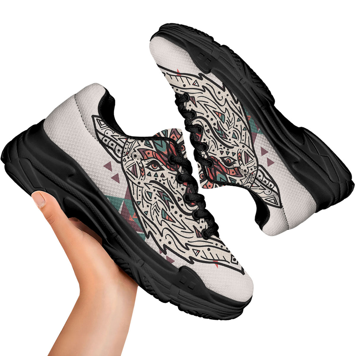 Spiritual Wolf Native American Print Black Chunky Shoes-grizzshop