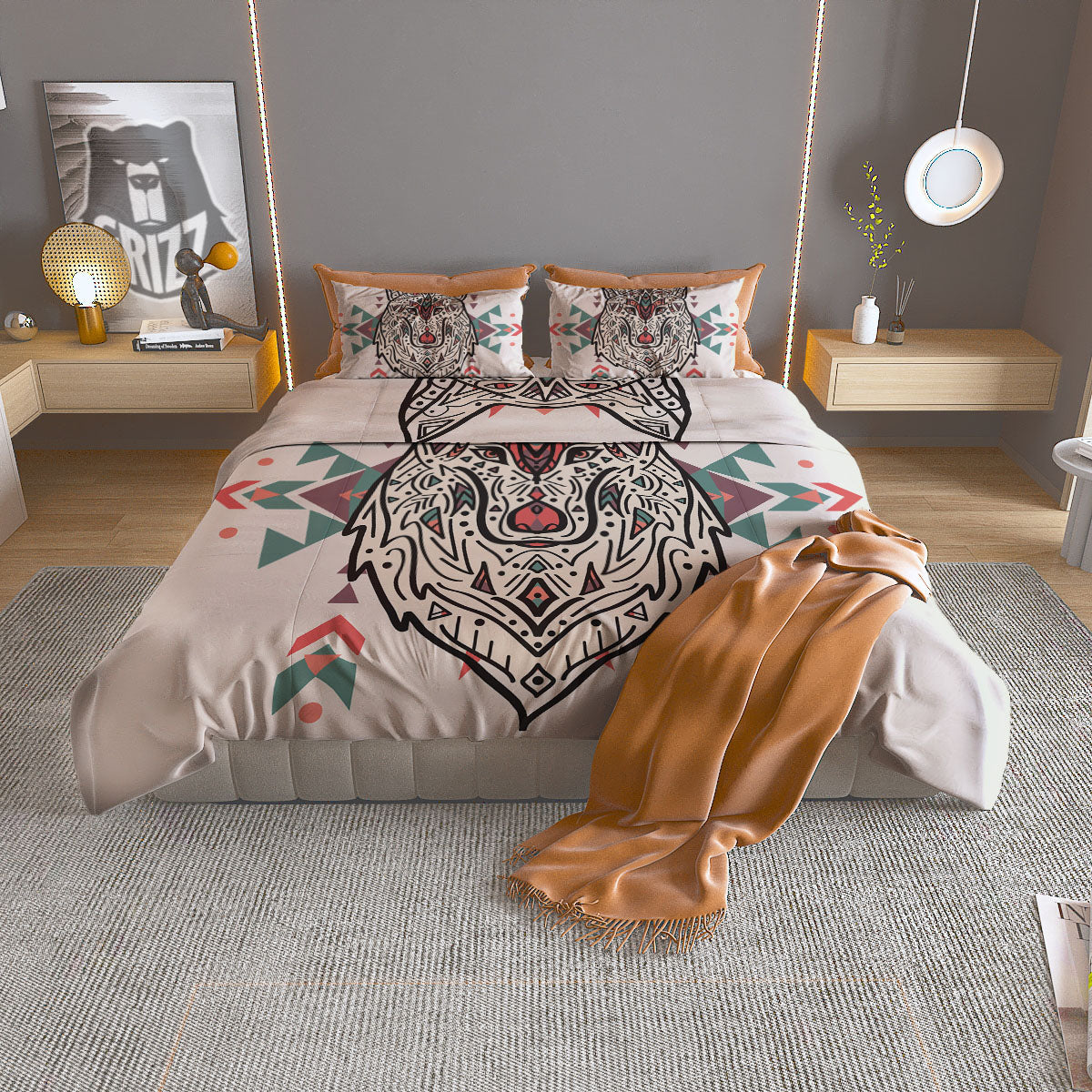 Spiritual Wolf Native American Print Duvet Cover Bedding Set
