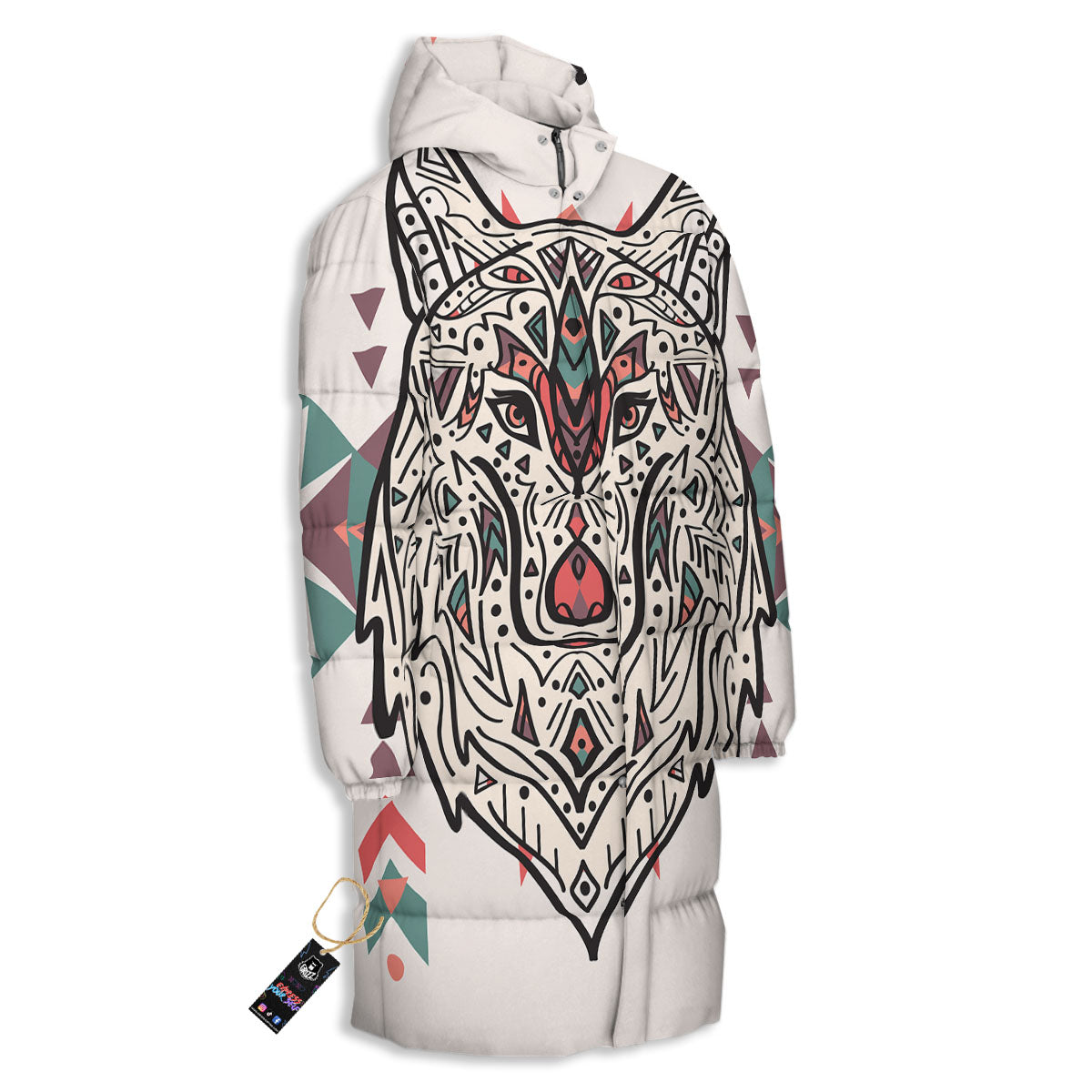 Spiritual Wolf Native American Print Long Down Jacket-grizzshop