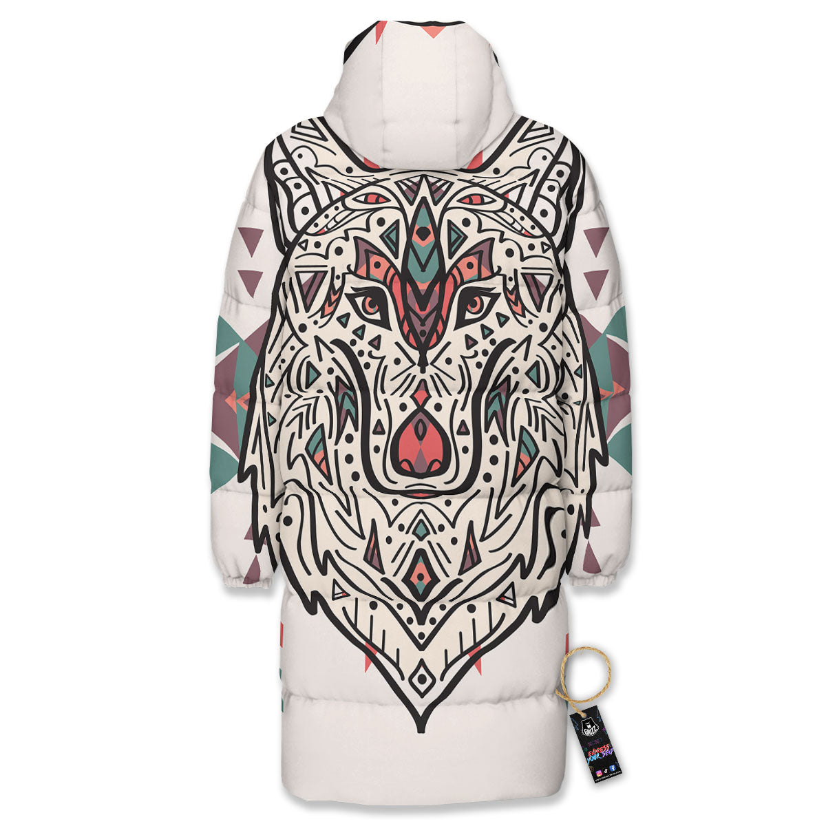 Spiritual Wolf Native American Print Long Down Jacket-grizzshop
