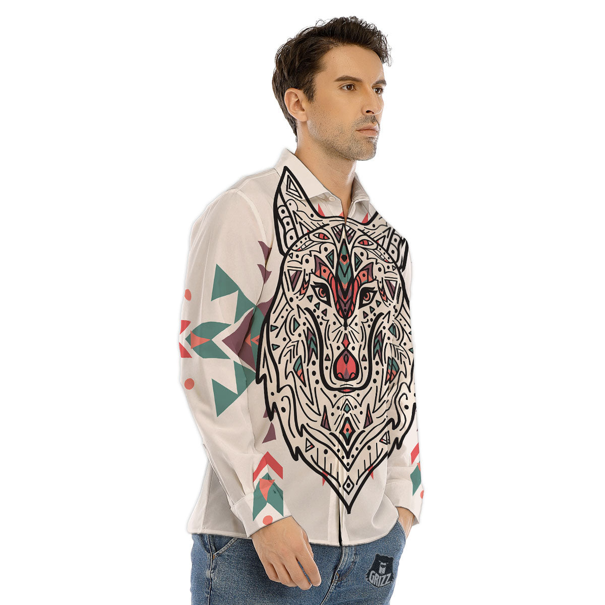 Spiritual Wolf Native American Print Men's Dress Shirts-grizzshop