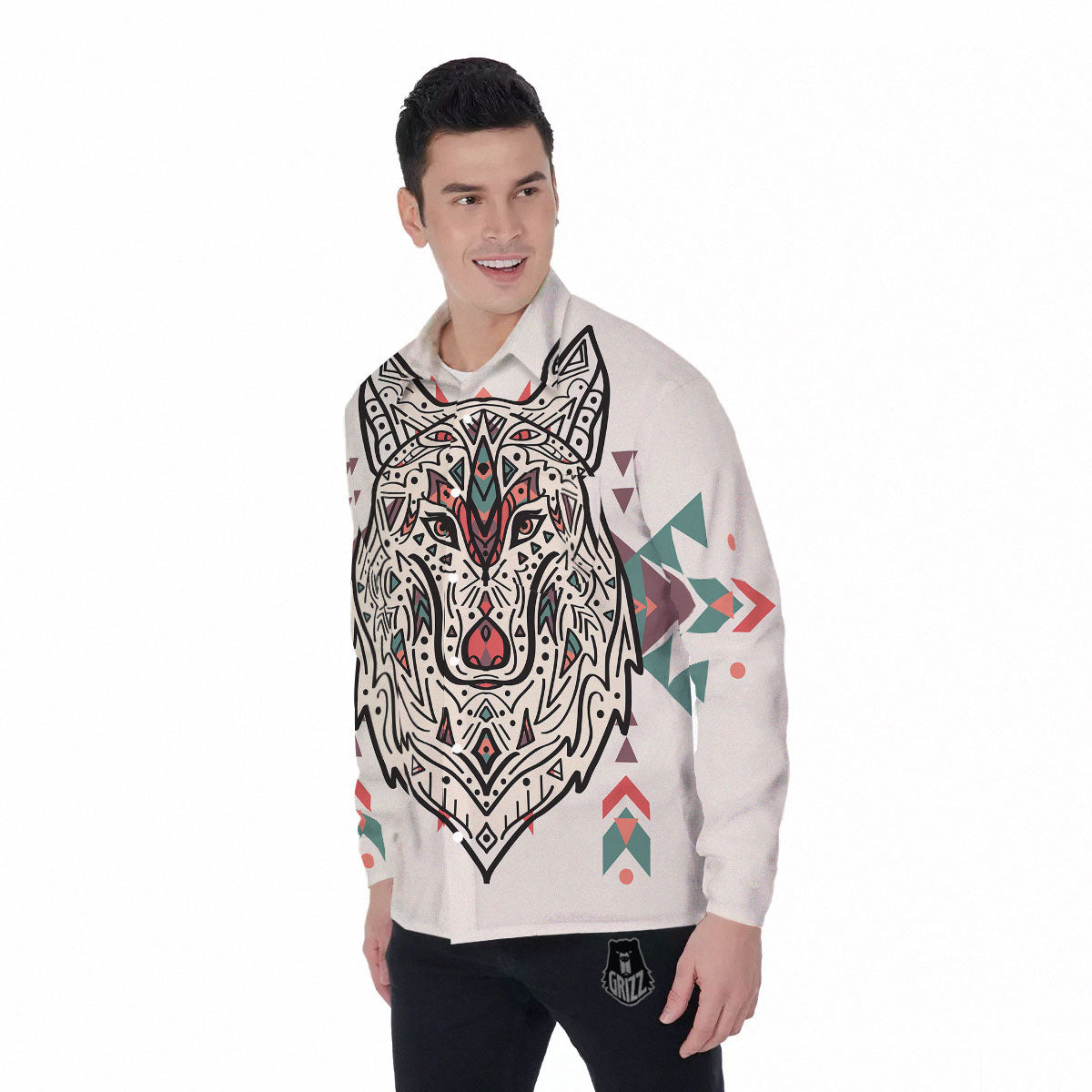Spiritual Wolf Native American Print Men's Long Sleeve Shirts-grizzshop