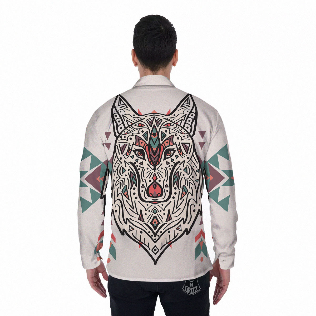 Spiritual Wolf Native American Print Men's Long Sleeve Shirts-grizzshop