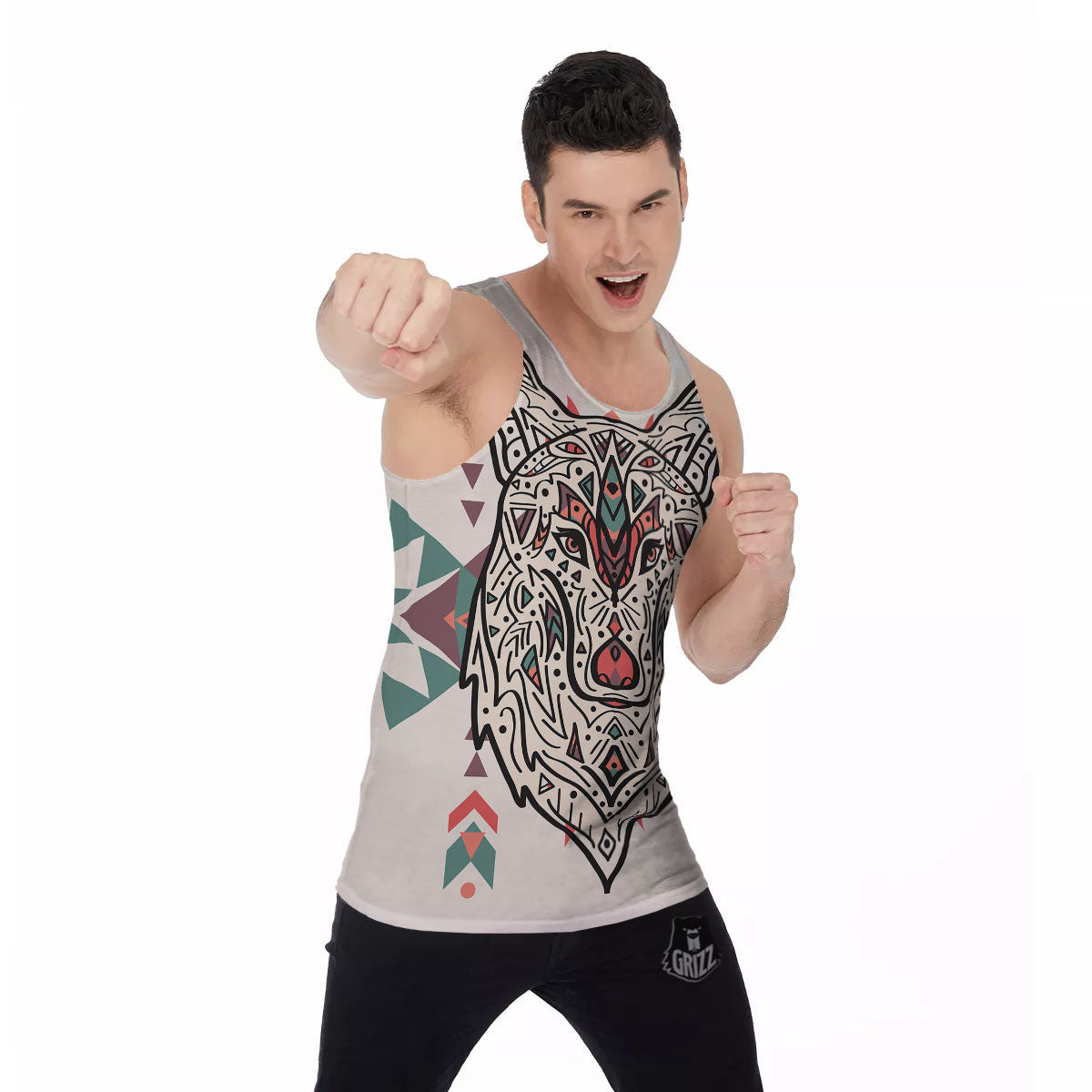 Spiritual Wolf Native American Print Men's Tank Top-grizzshop