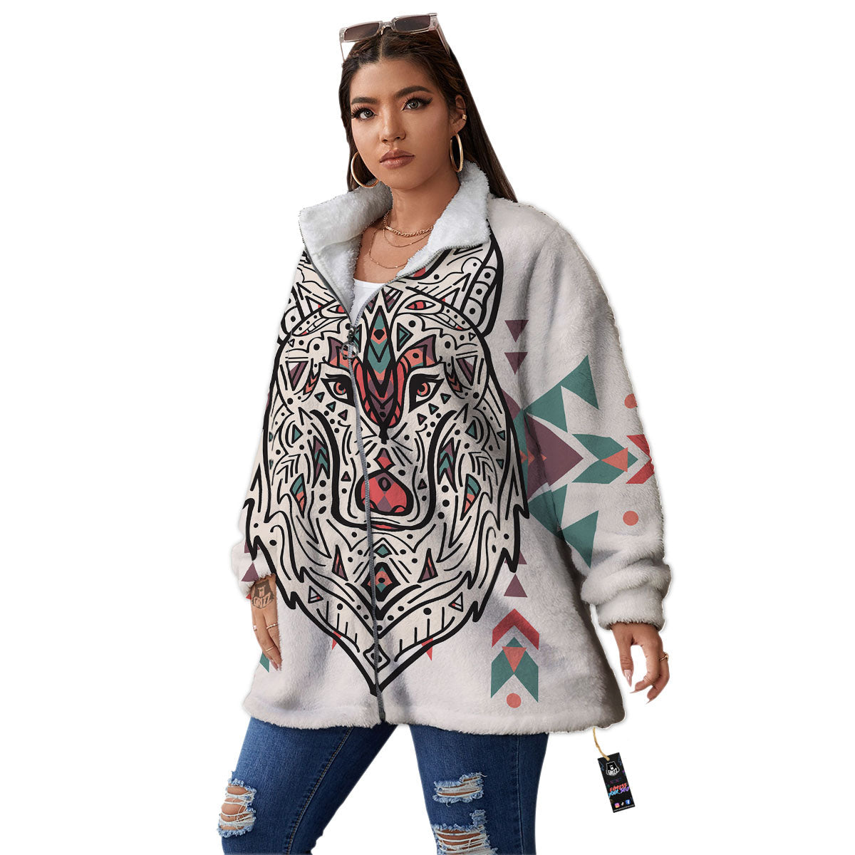 Spiritual Wolf Native American Print Women's Sherpa Jacket-grizzshop