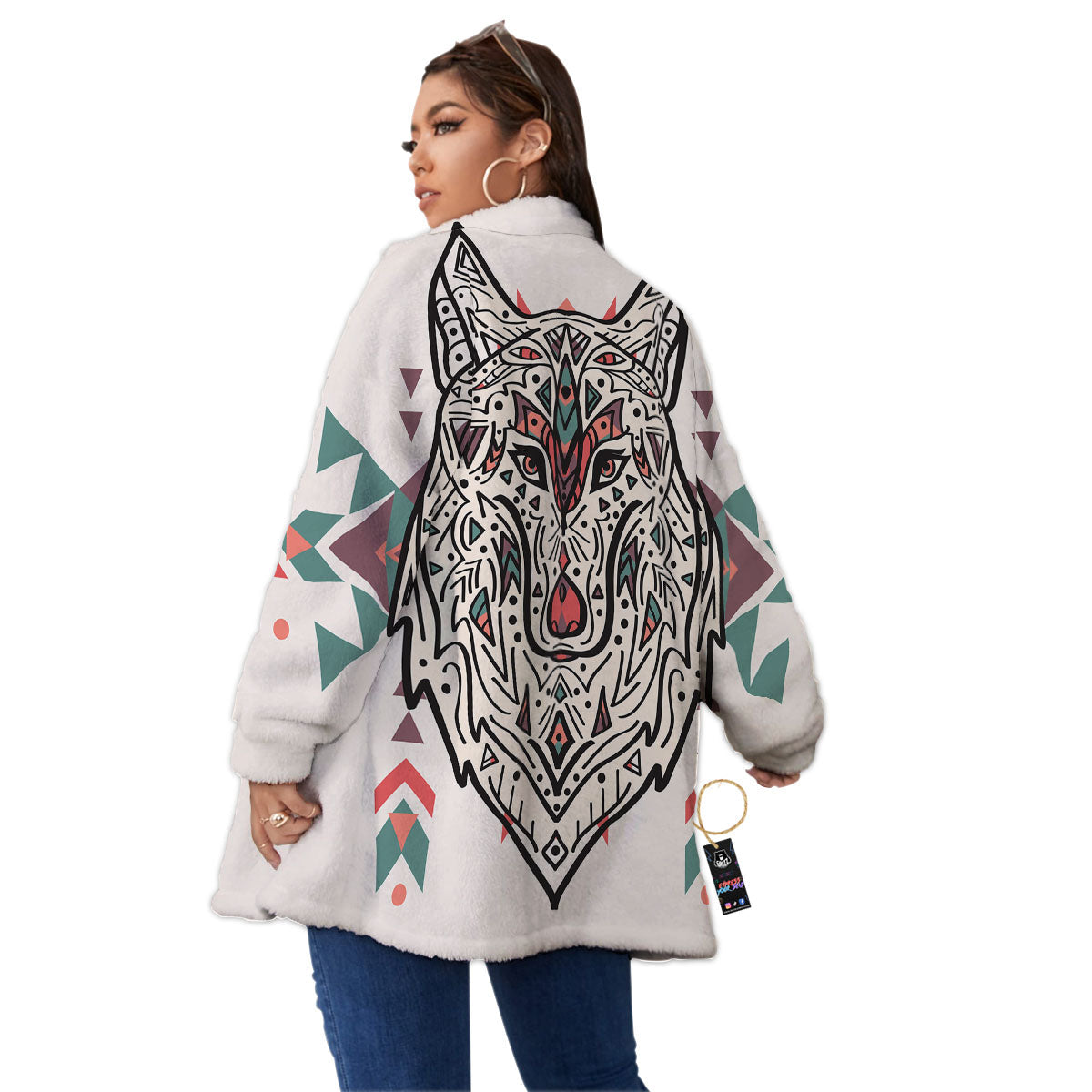 Spiritual Wolf Native American Print Women's Sherpa Jacket-grizzshop