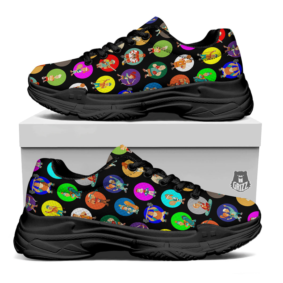 Sport Colorful Print Pattern Black Chunky Shoes-grizzshop