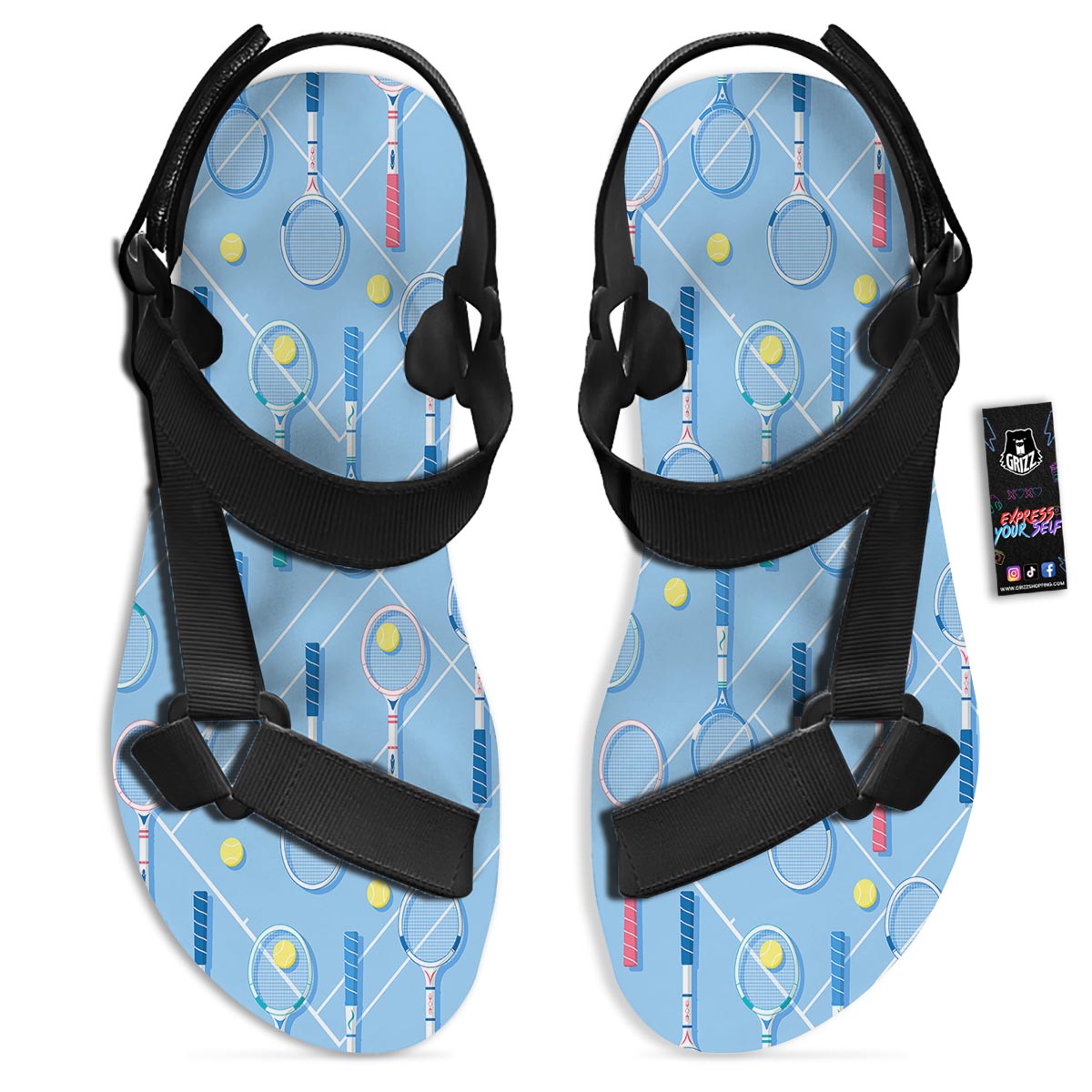 Sport Tennis Print Pattern Black Open Toe Sandals-grizzshop