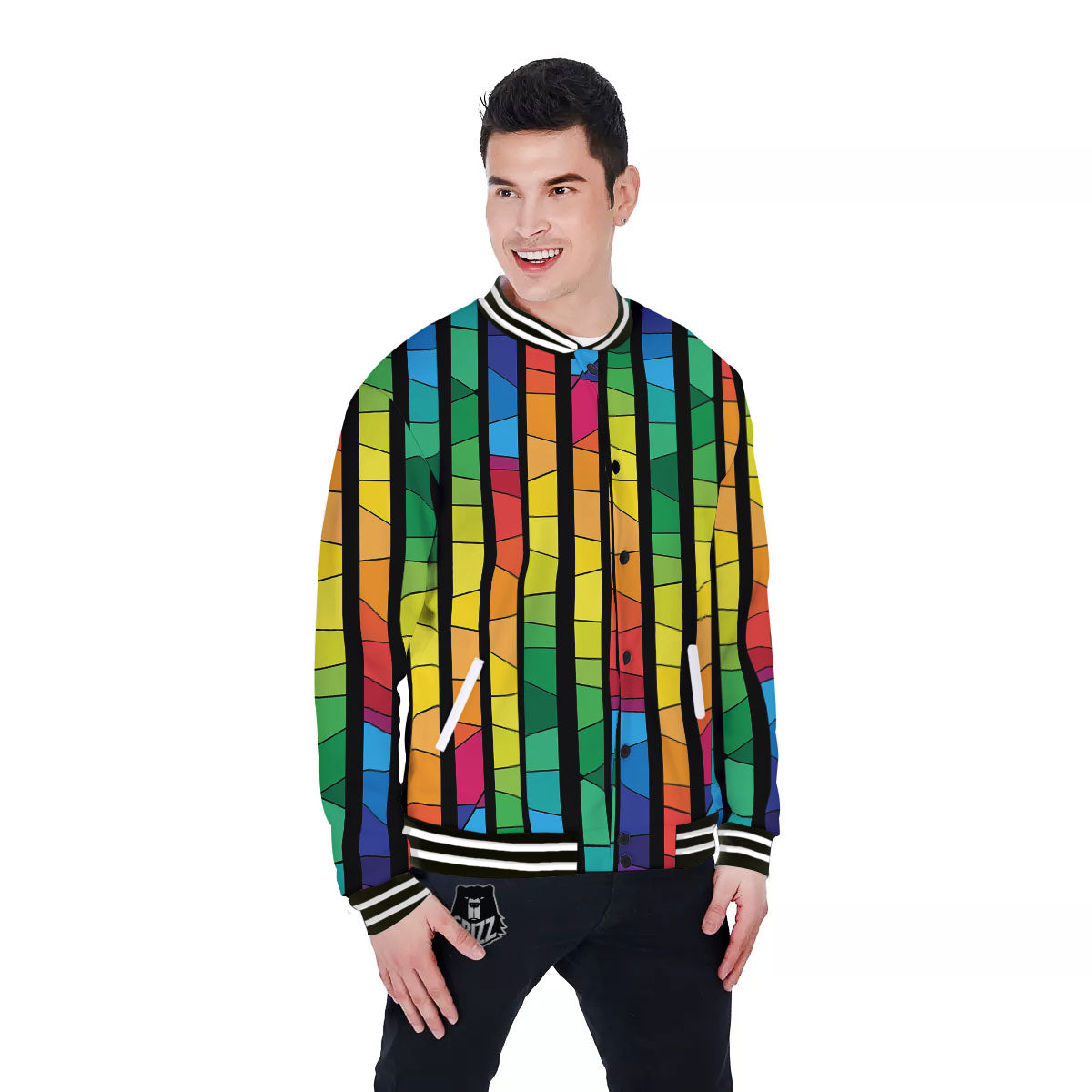 Square Stained Glass Mosaic Print Baseball Jacket-grizzshop