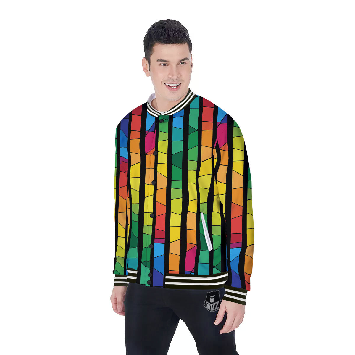 Square Stained Glass Mosaic Print Baseball Jacket-grizzshop