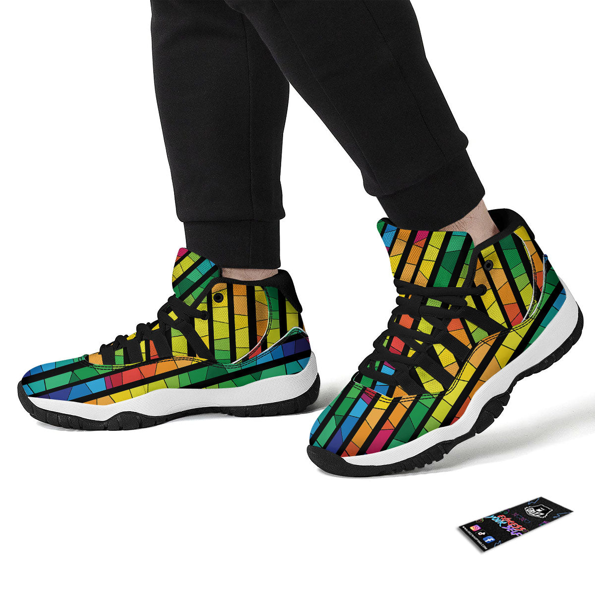 Square Stained Glass Mosaic Print Black Bball Shoes-grizzshop