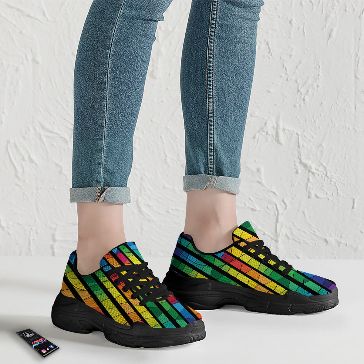 Square Stained Glass Mosaic Print Black Chunky Shoes-grizzshop