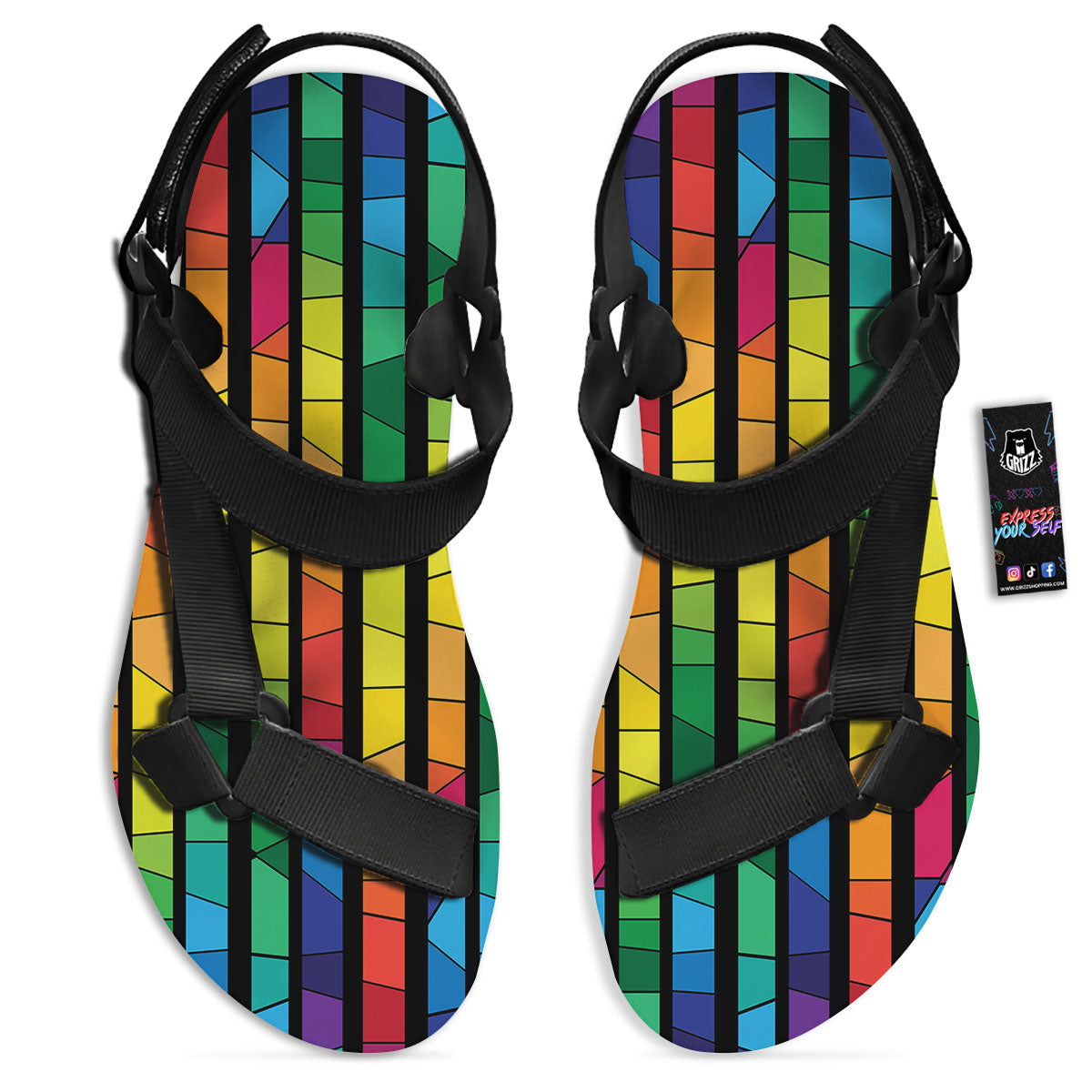 Square Stained Glass Mosaic Print Black Open Toe Sandals-grizzshop