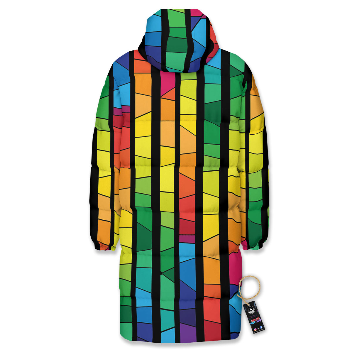 Square Stained Glass Mosaic Print Long Down Jacket-grizzshop