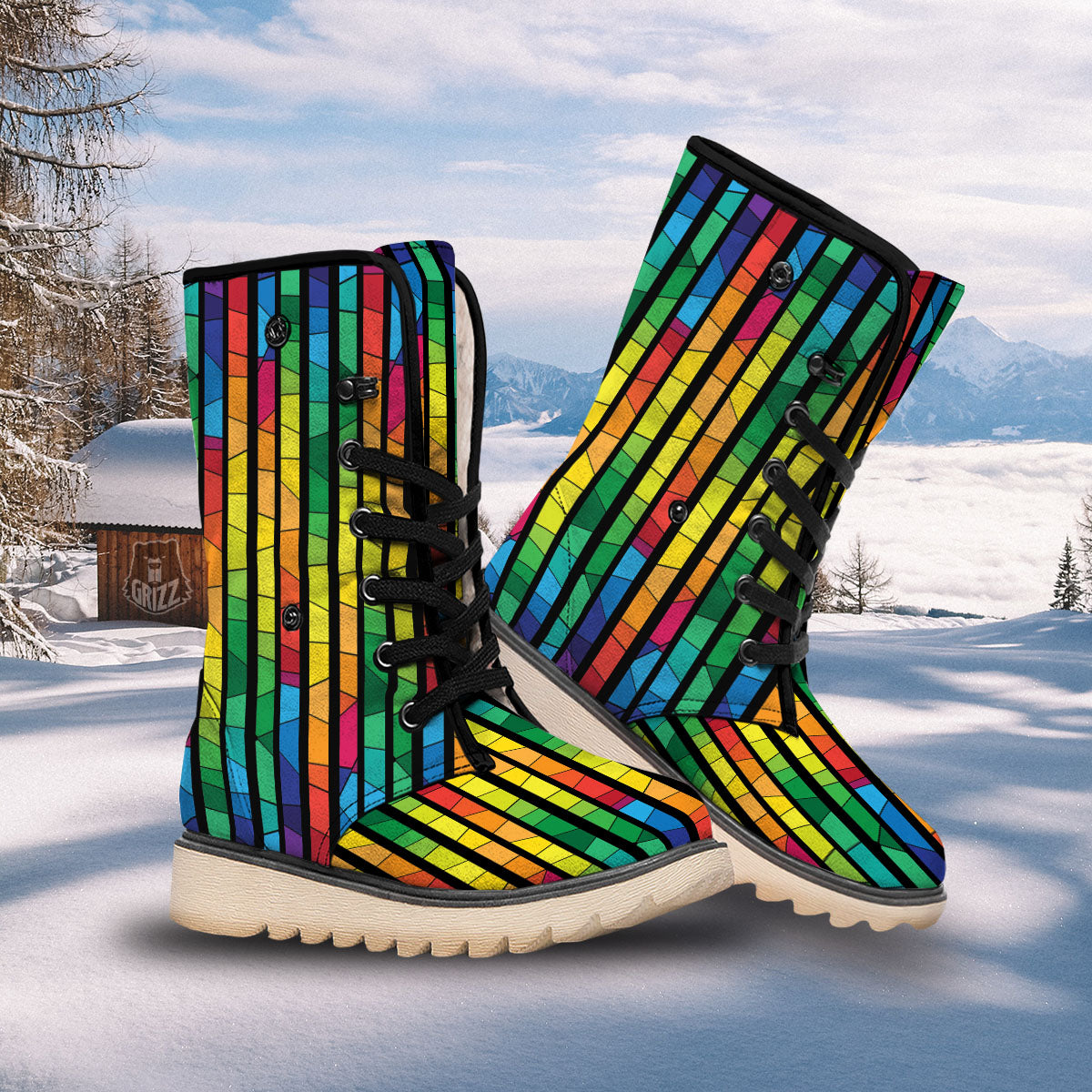 Square Stained Glass Mosaic Print Snow Boots-grizzshop