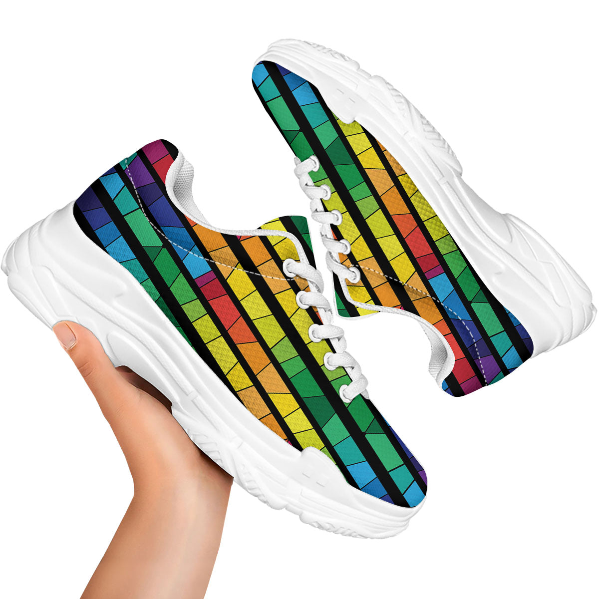 Square Stained Glass Mosaic Print White Chunky Shoes-grizzshop