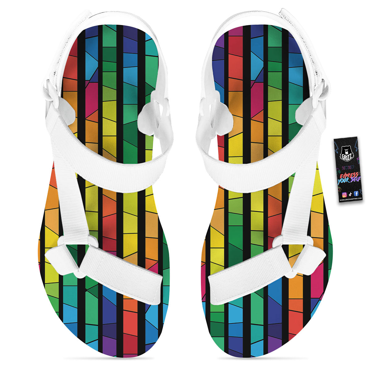 Square Stained Glass Mosaic Print White Open Toe Sandals-grizzshop