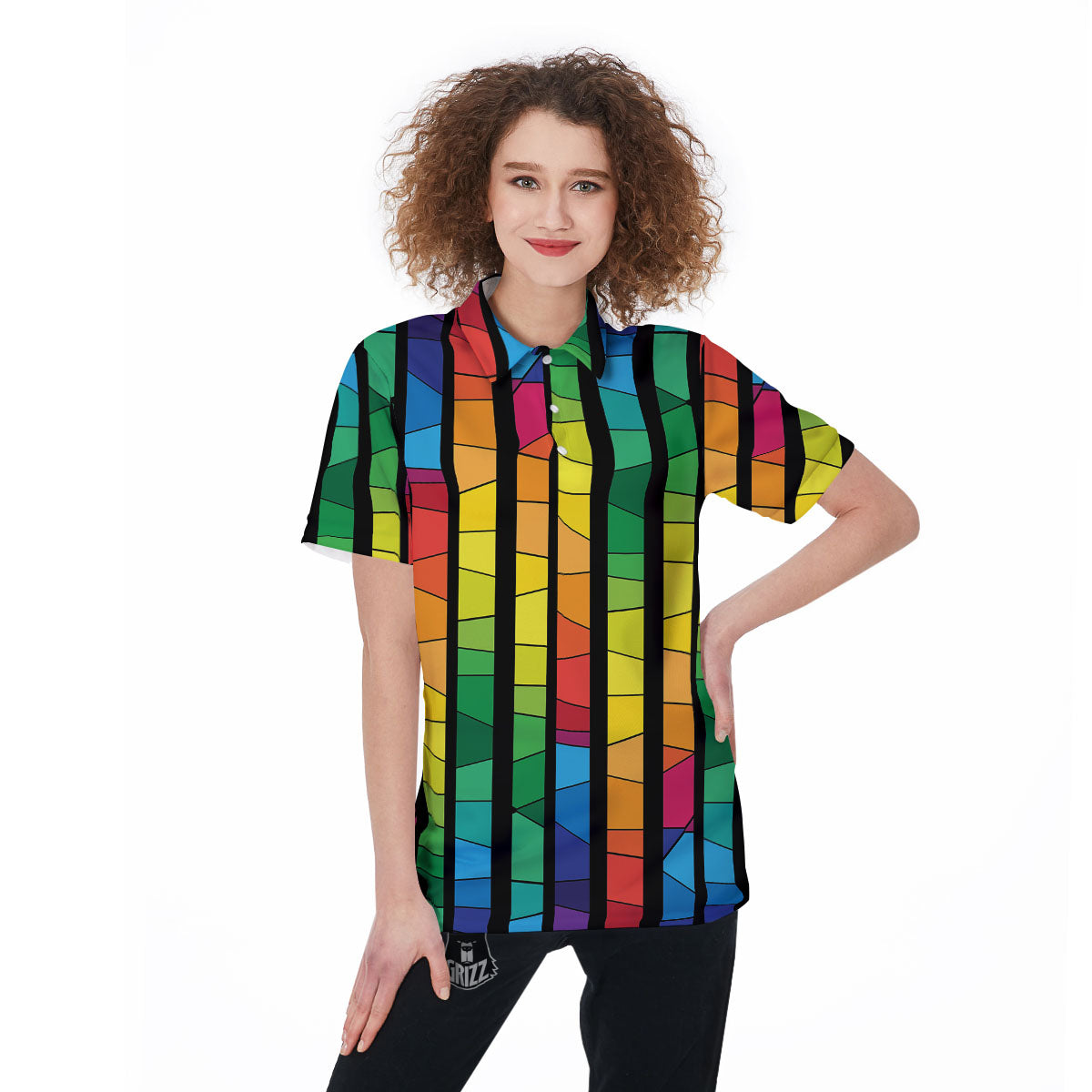 Square Stained Glass Mosaic Print Women's Golf Shirts-grizzshop
