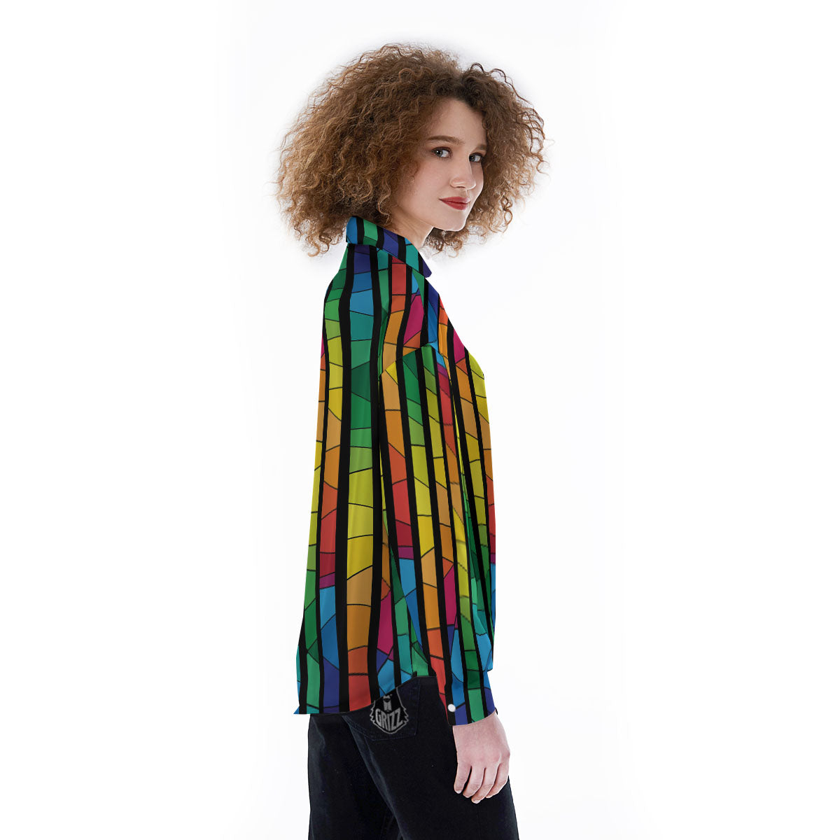 Square Stained Glass Mosaic Print Women's Long Sleeve Shirts-grizzshop