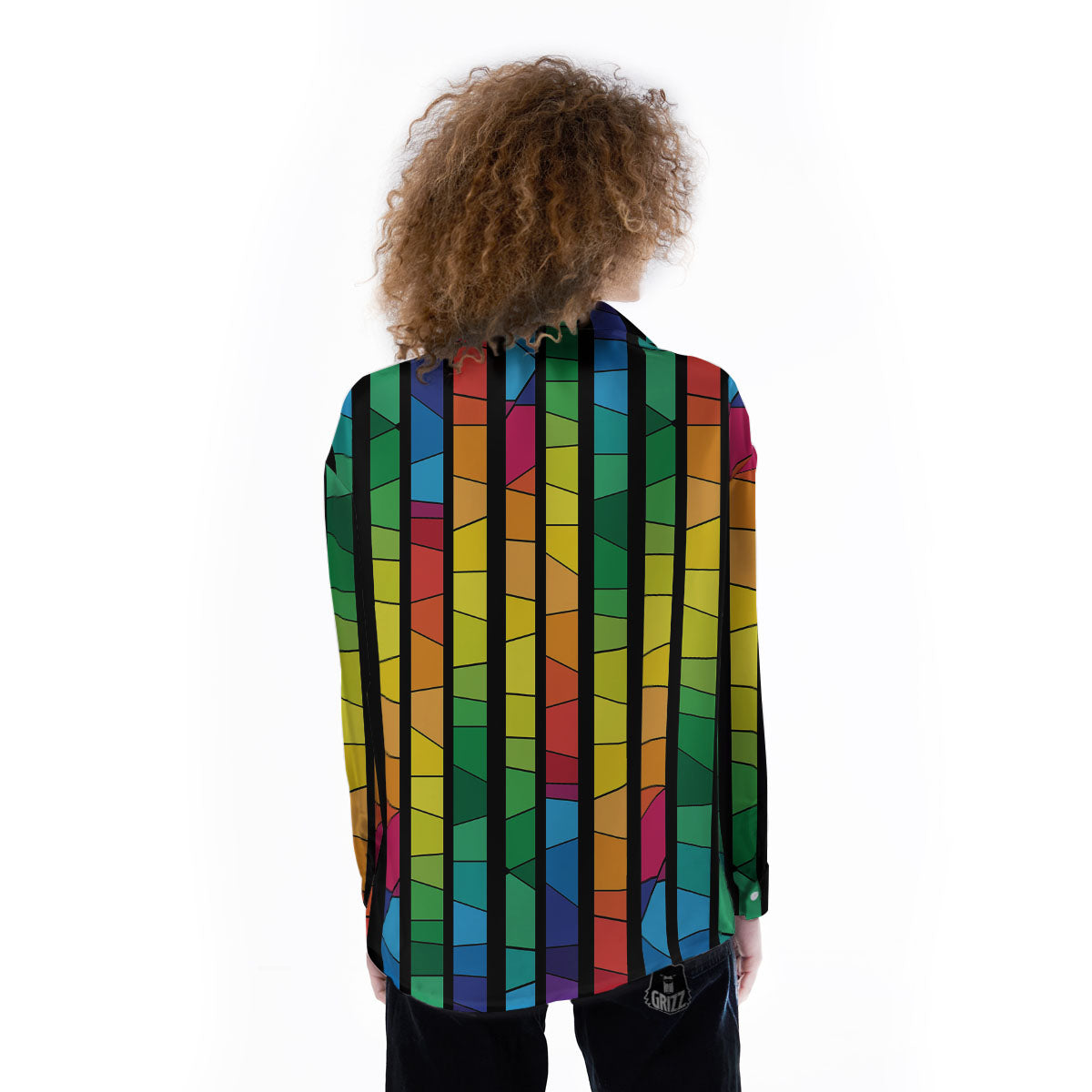 Square Stained Glass Mosaic Print Women's Long Sleeve Shirts-grizzshop