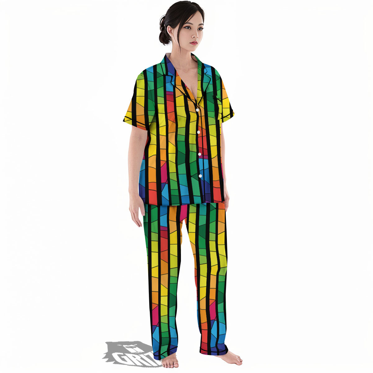 Square Stained Glass Mosaic Print Women's Pajamas Set-grizzshop