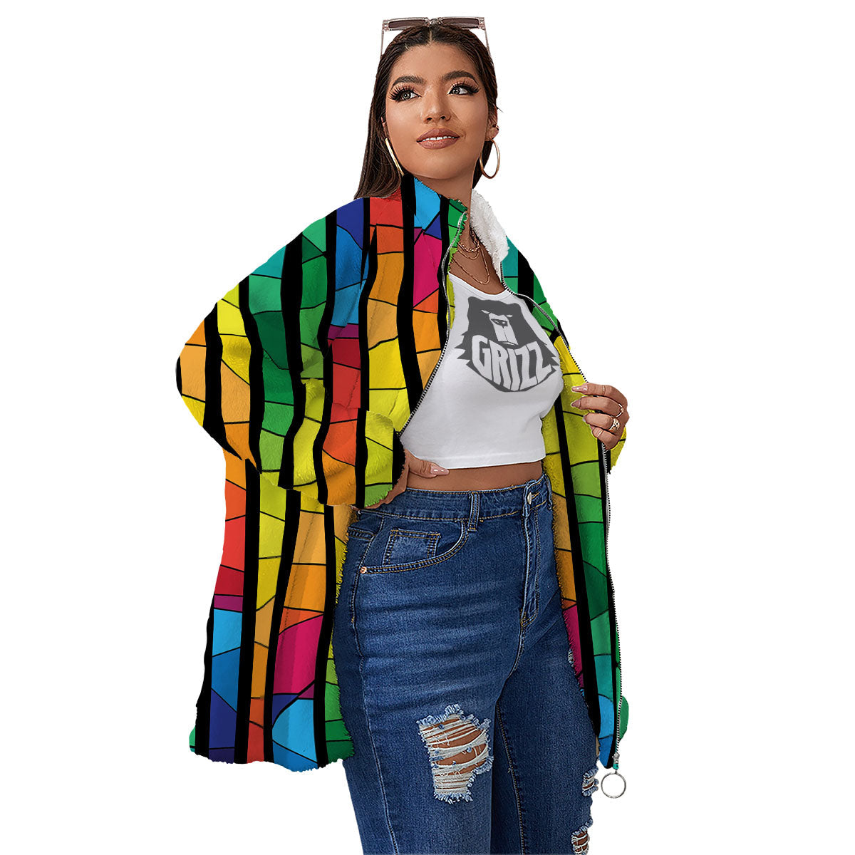 Square Stained Glass Mosaic Print Women's Sherpa Jacket-grizzshop