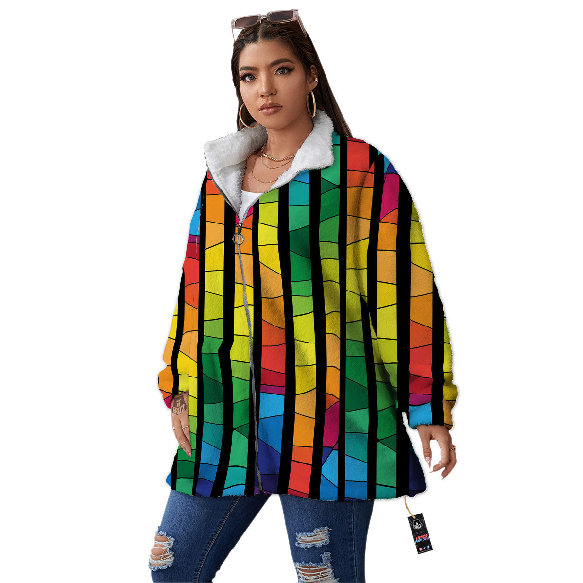 Square Stained Glass Mosaic Print Women's Sherpa Jacket-grizzshop