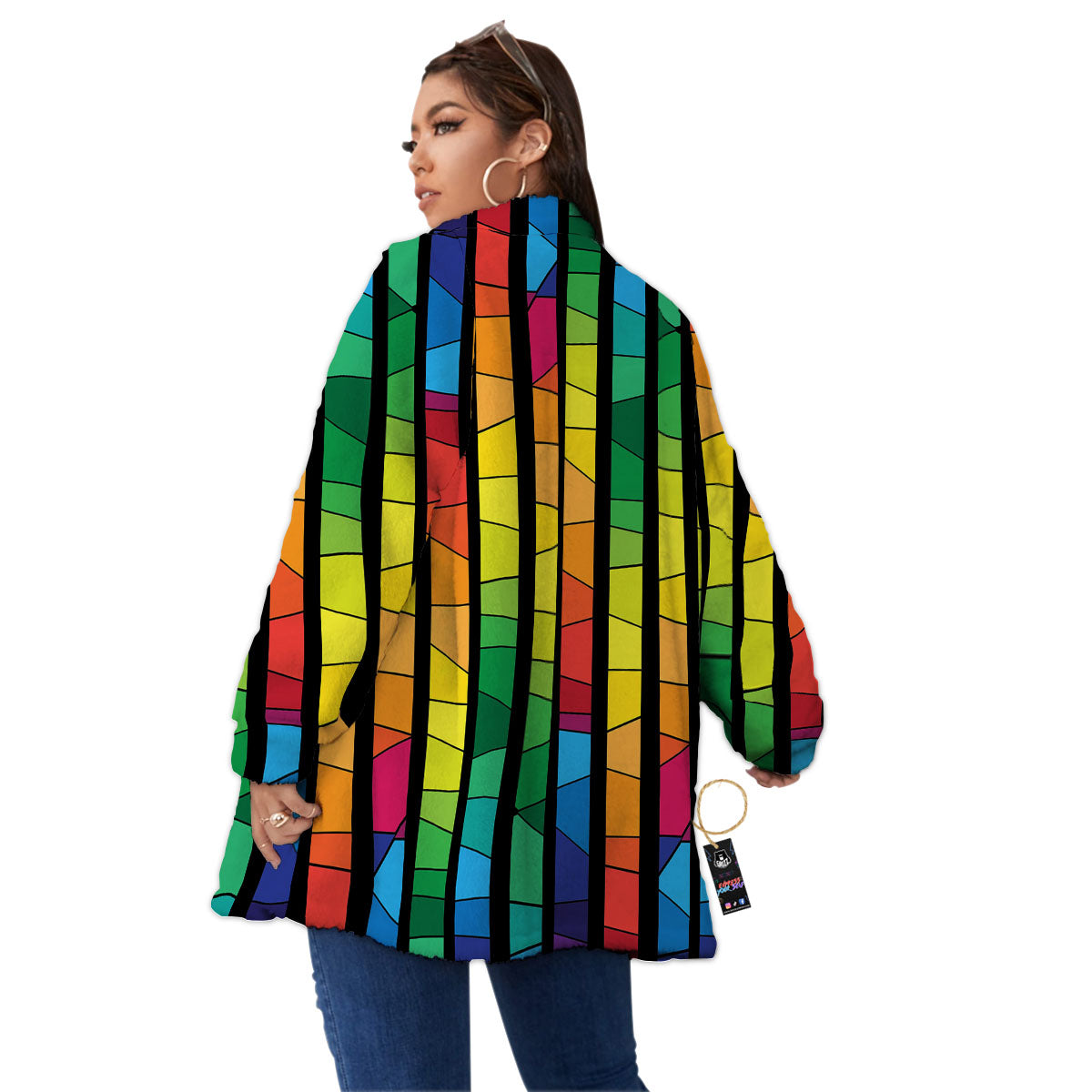 Square Stained Glass Mosaic Print Women's Sherpa Jacket-grizzshop