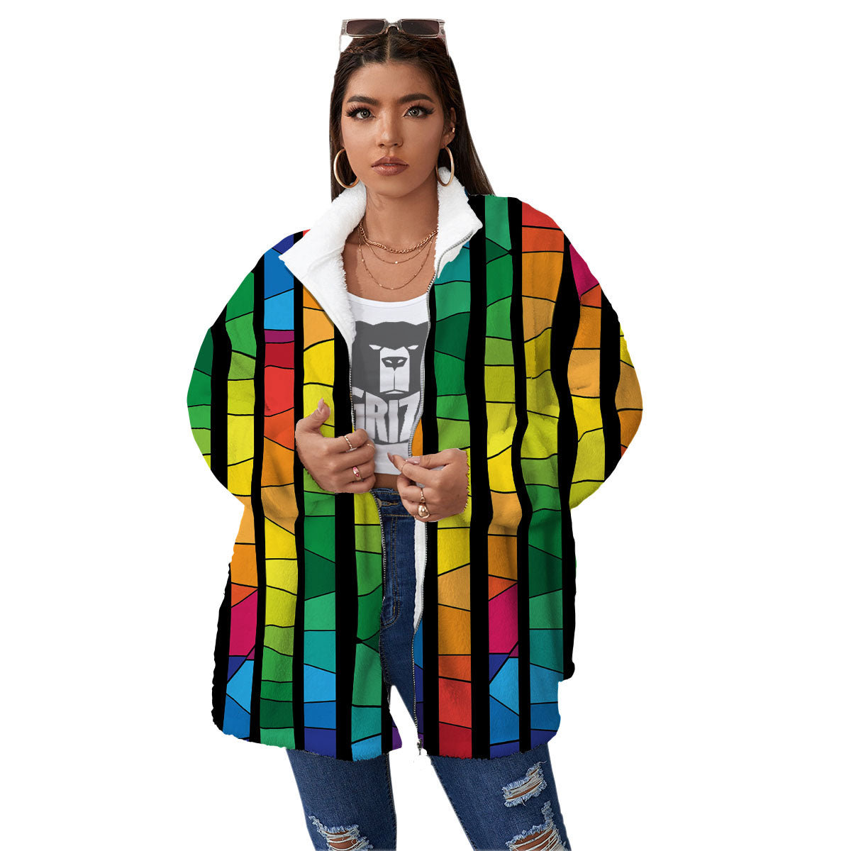 Square Stained Glass Mosaic Print Women's Sherpa Jacket-grizzshop