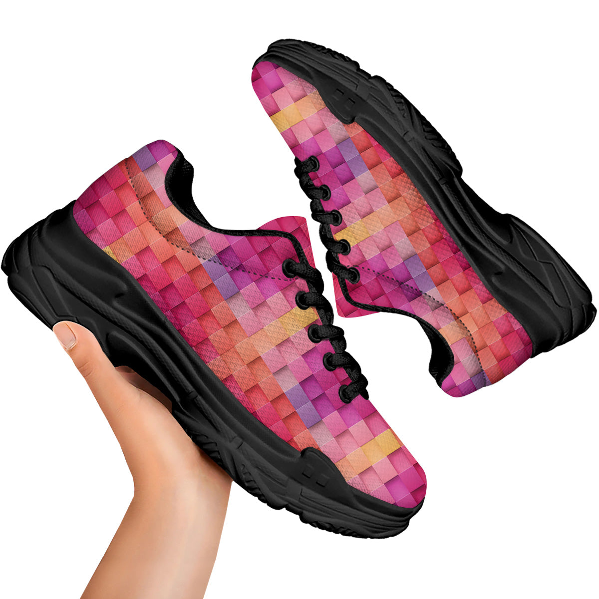 Square Tile 3D Colorful Print Pattern Black Chunky Shoes-grizzshop