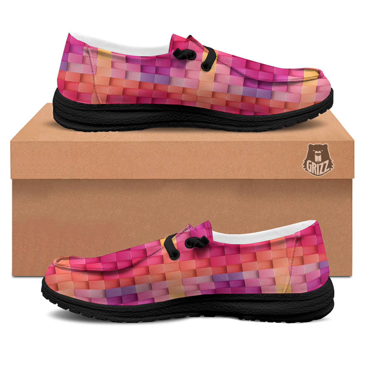 Square Tile 3D Colorful Print Pattern Black Loafers-grizzshop