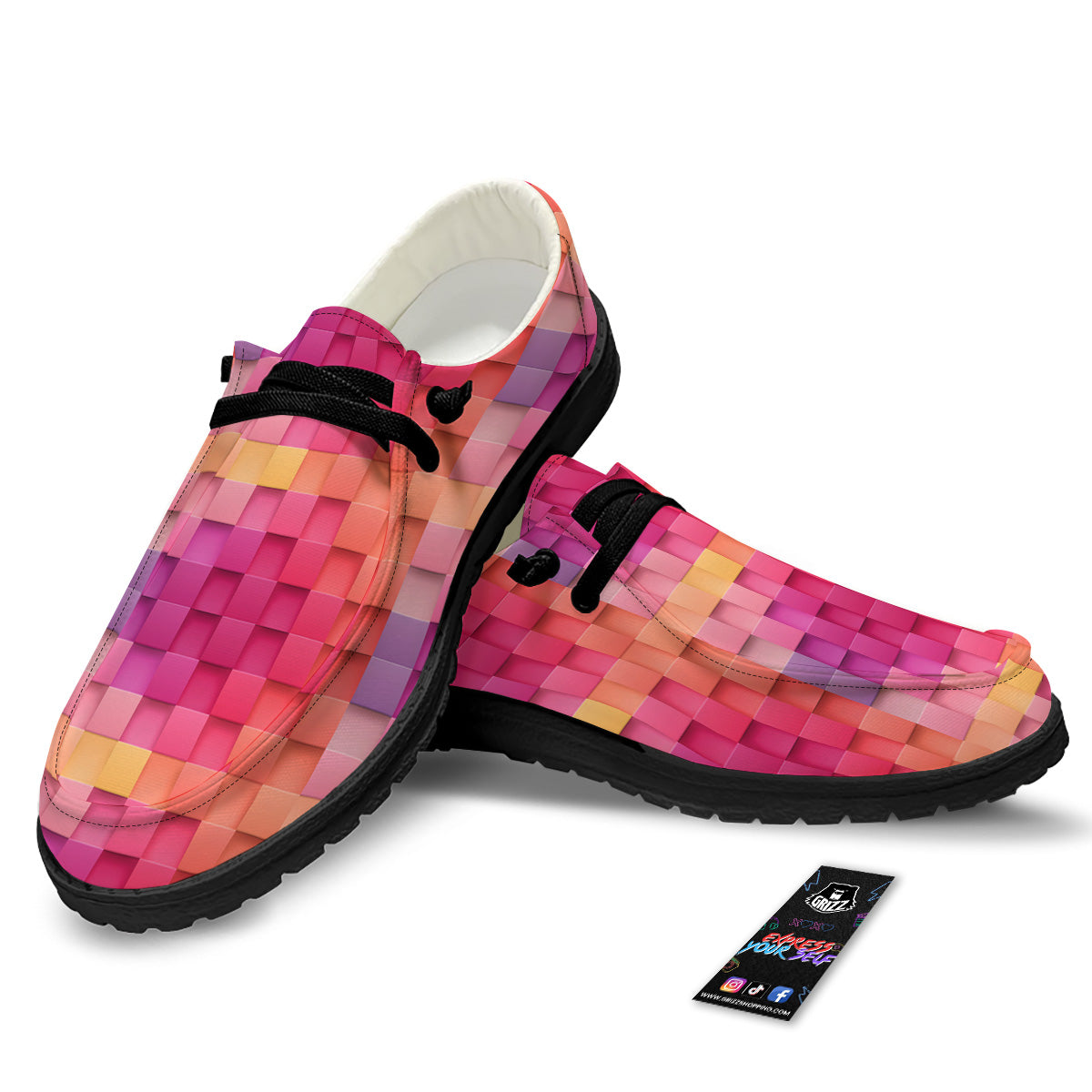 Square Tile 3D Colorful Print Pattern Black Loafers-grizzshop