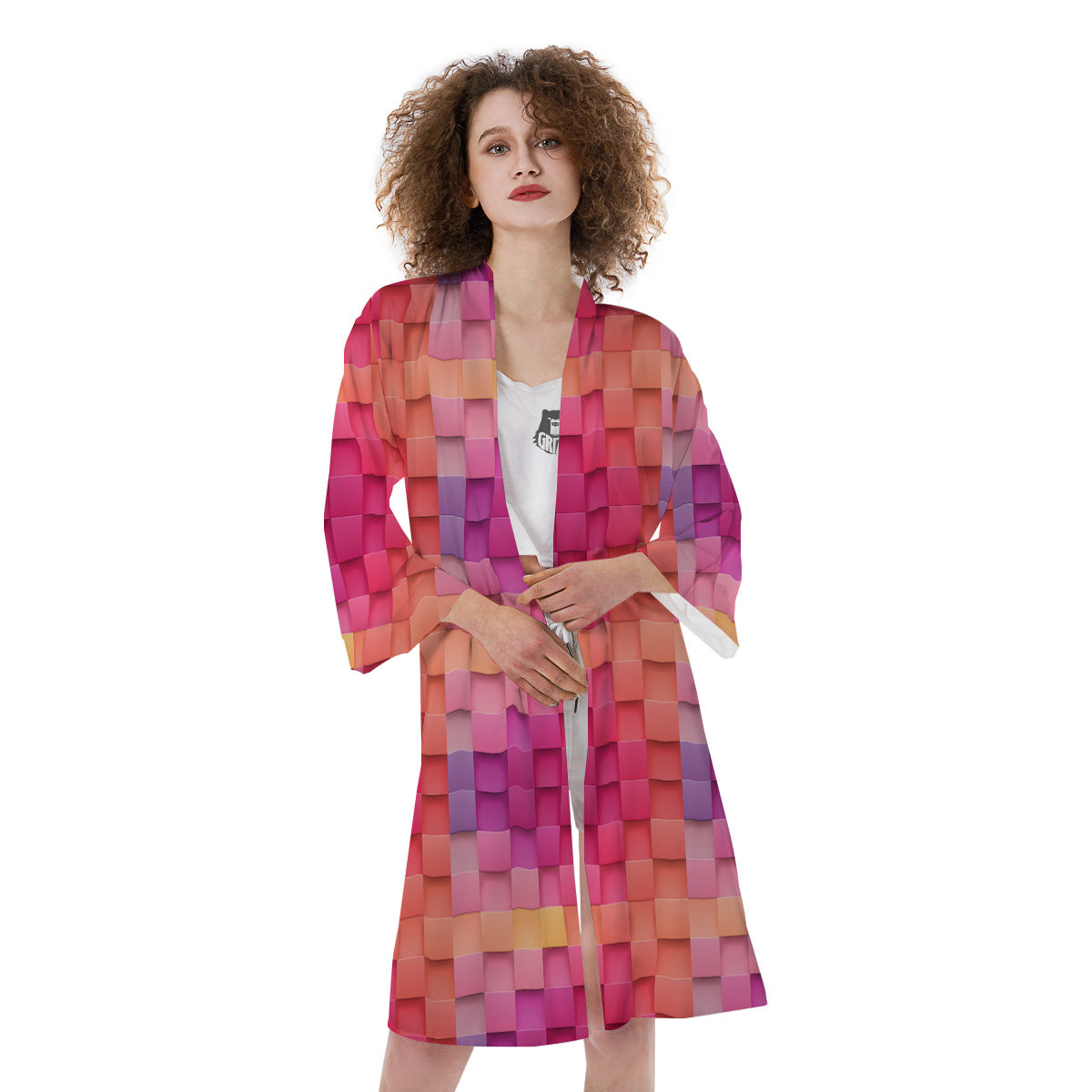 Square Tile 3D Colorful Print Pattern Kimono-grizzshop
