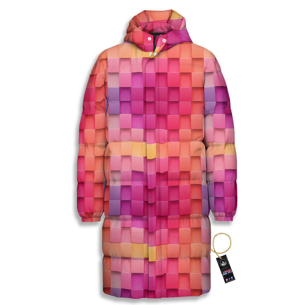 Square Tile 3D Colorful Print Pattern Long Down Jacket-grizzshop