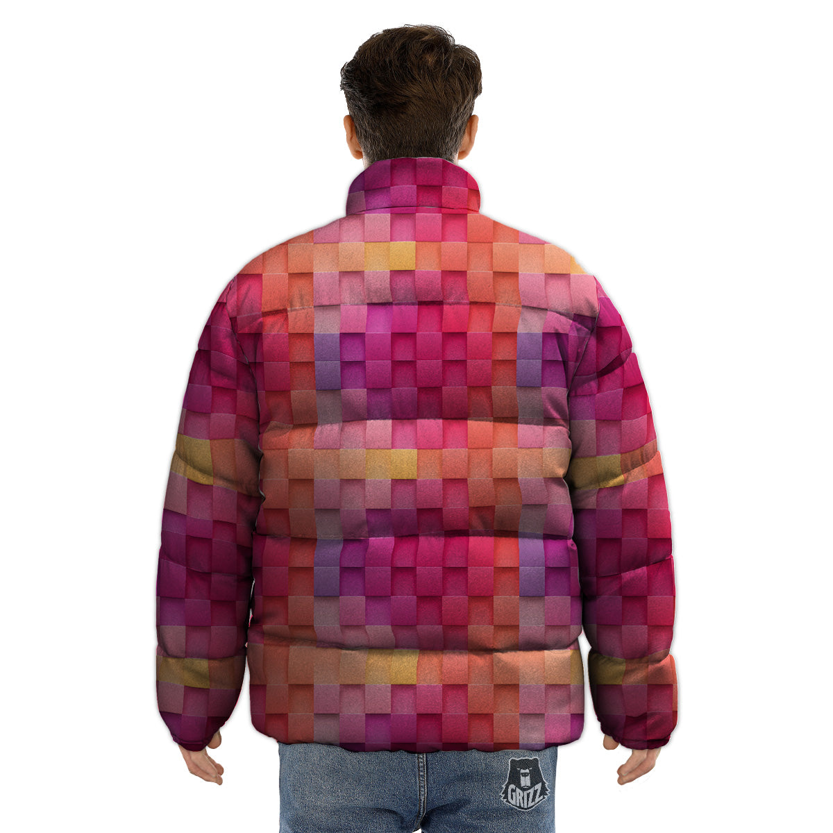 Square Tile 3D Colorful Print Pattern Puffer Jacket-grizzshop