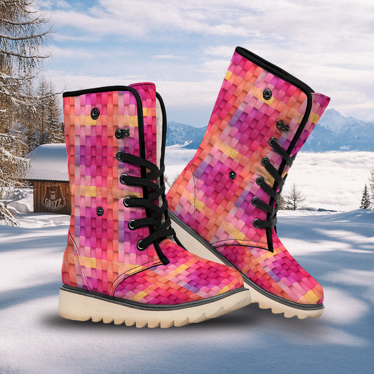 Square Tile 3D Colorful Print Pattern Snow Boots-grizzshop