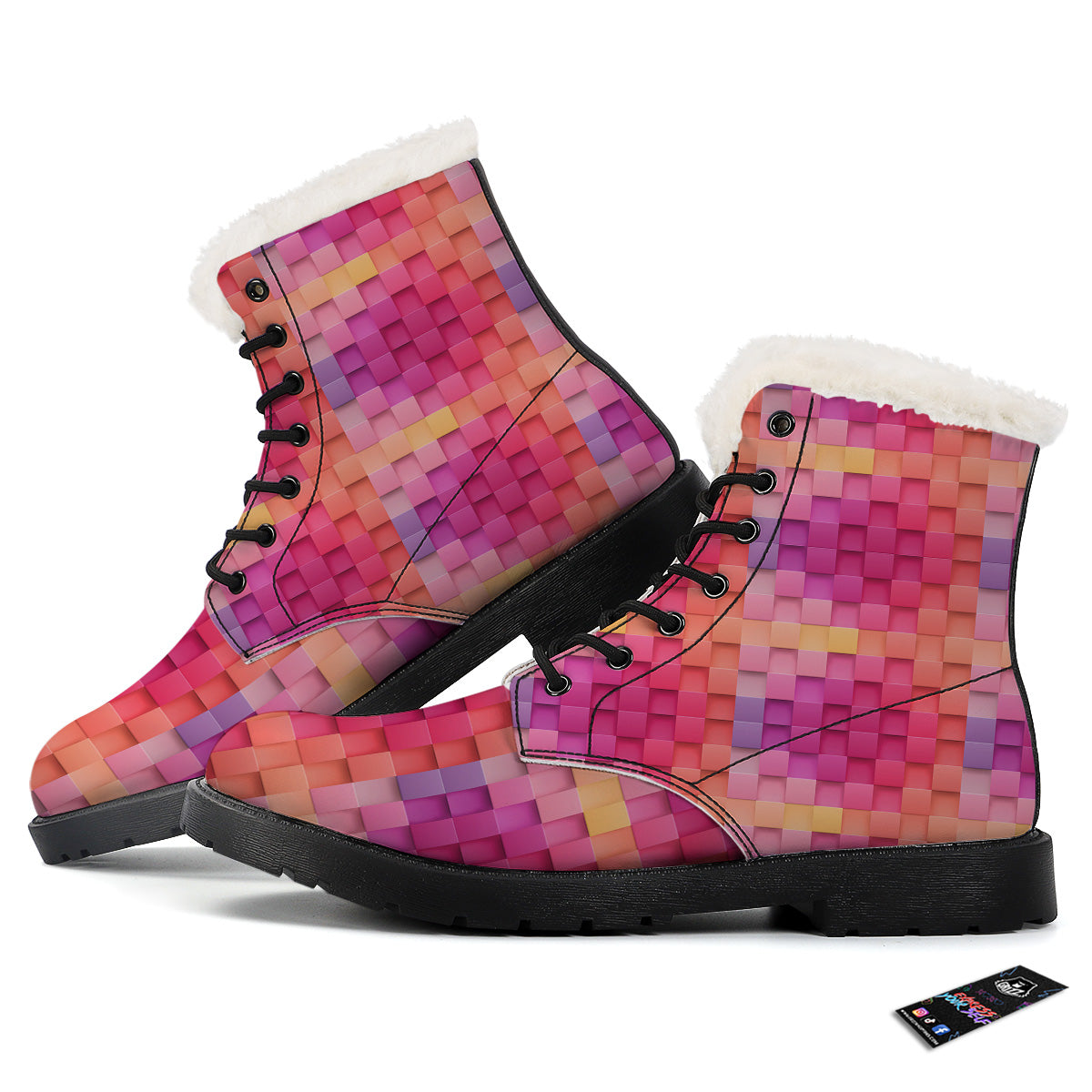 Square Tile 3D Colorful Print Pattern Winter Boots-grizzshop