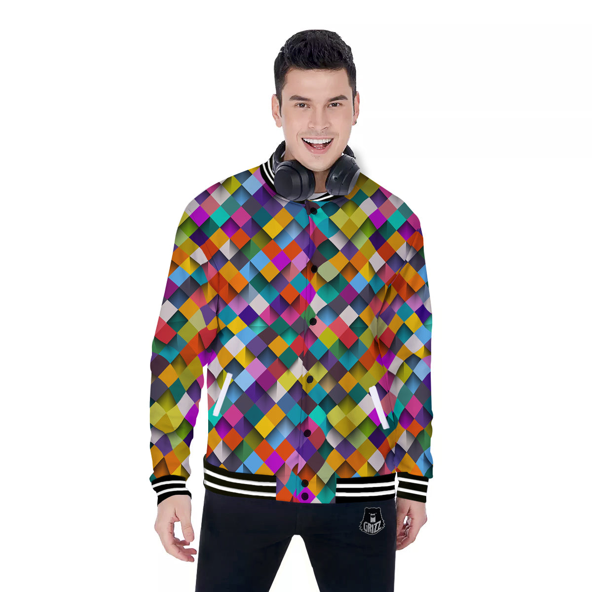 Squares 3D Colorful Print Pattern Baseball Jacket-grizzshop