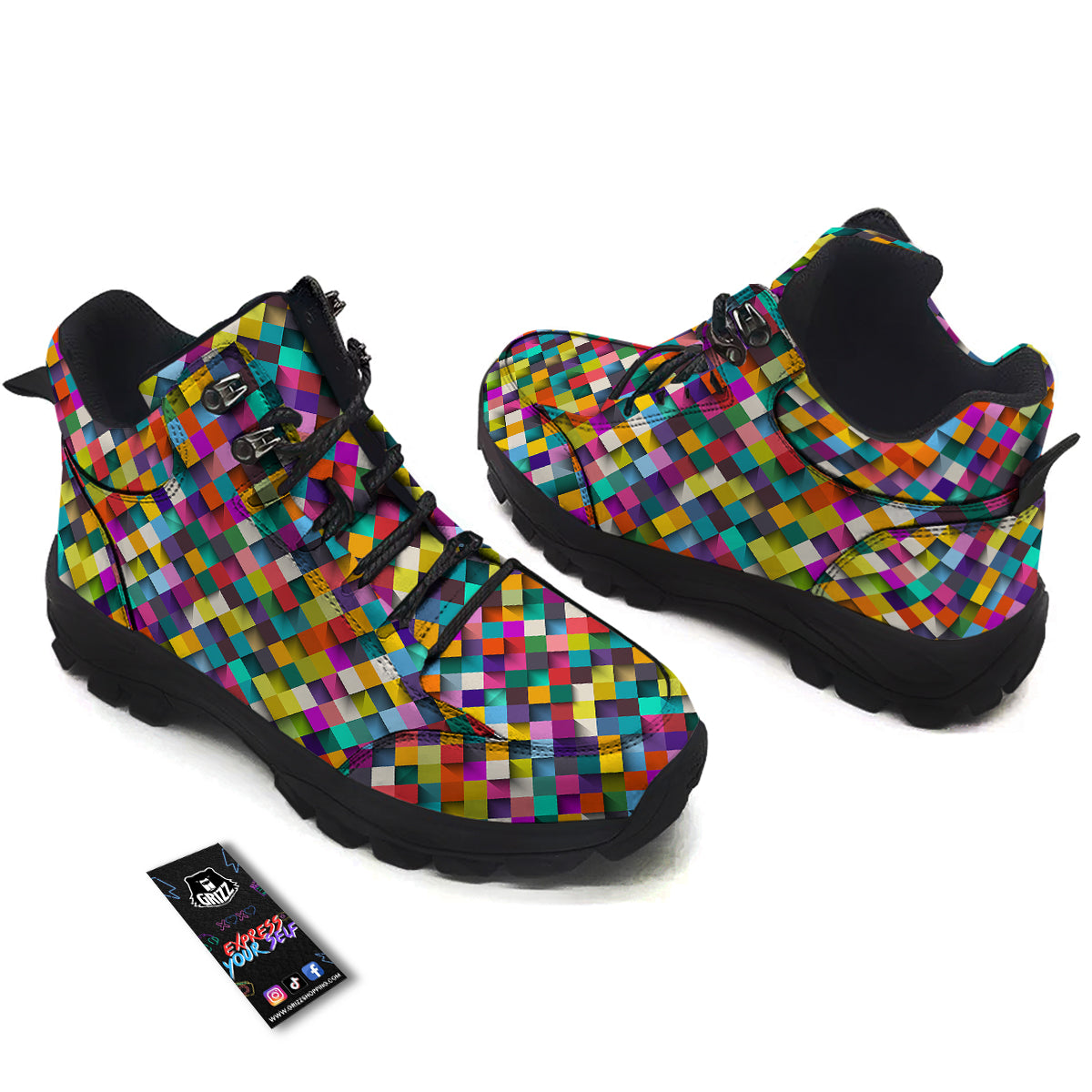 Squares 3D Colorful Print Pattern Hiking Shoes-grizzshop