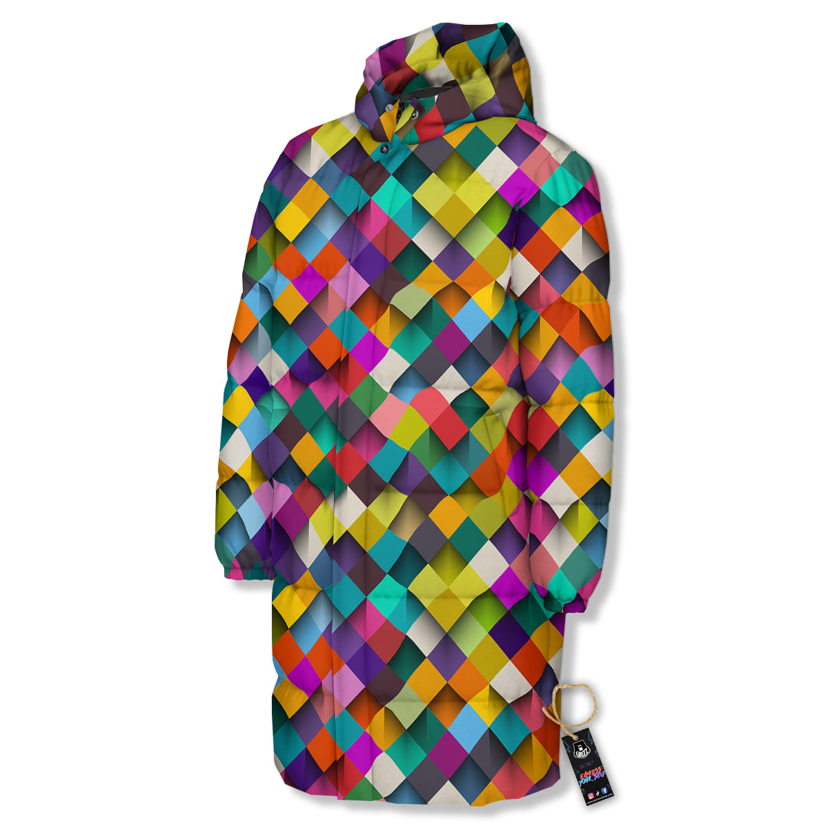Squares 3D Colorful Print Pattern Long Down Jacket-grizzshop