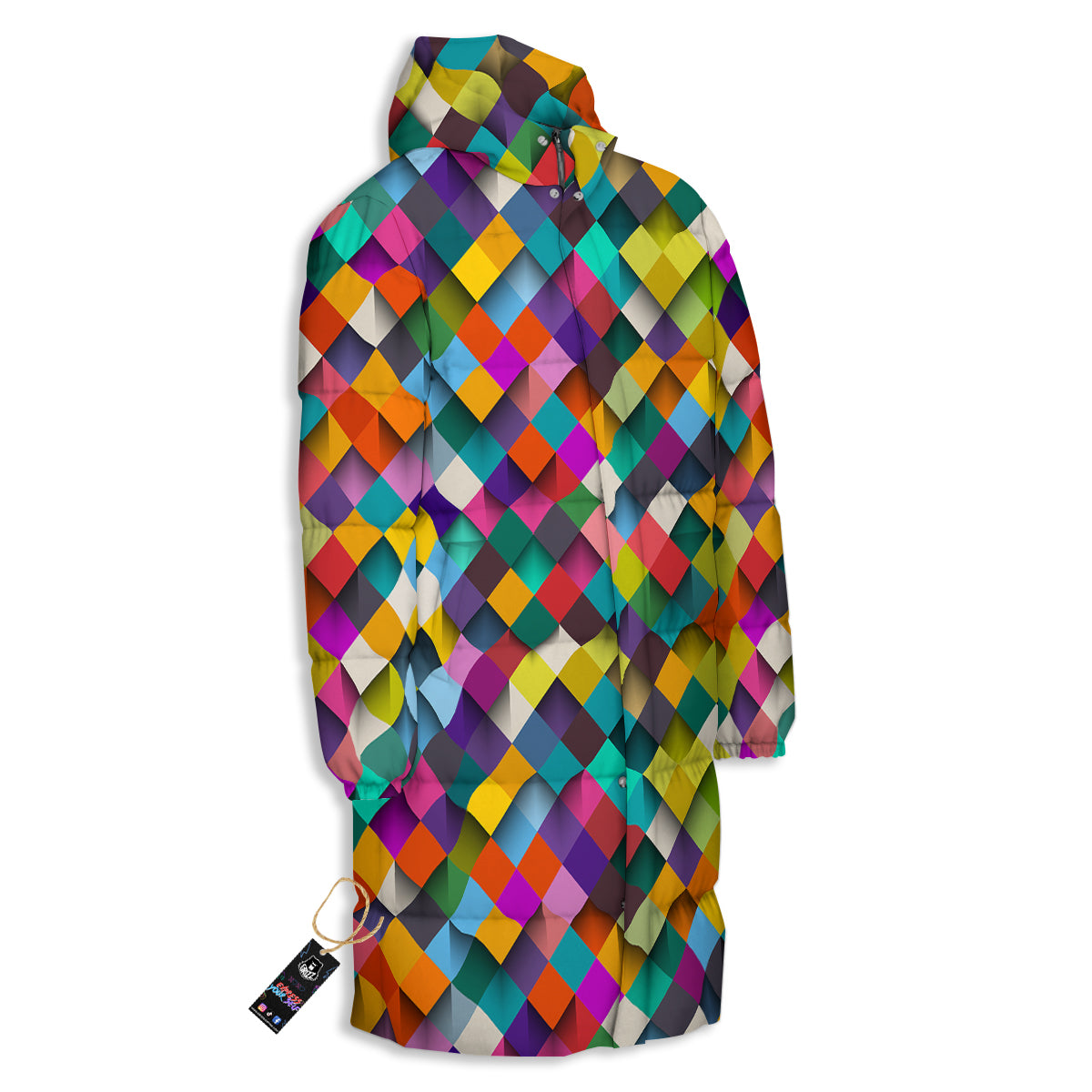 Squares 3D Colorful Print Pattern Long Down Jacket-grizzshop