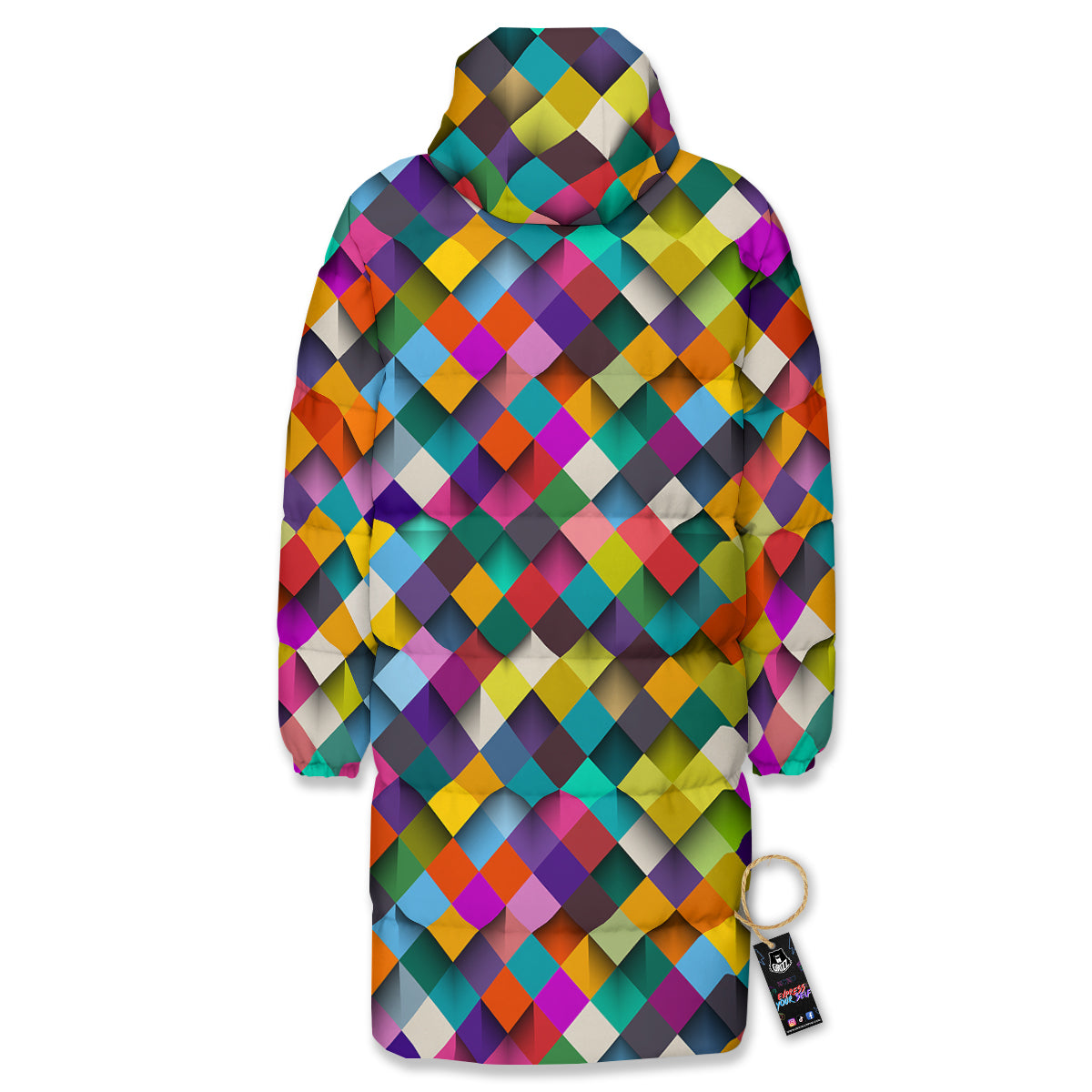 Squares 3D Colorful Print Pattern Long Down Jacket-grizzshop