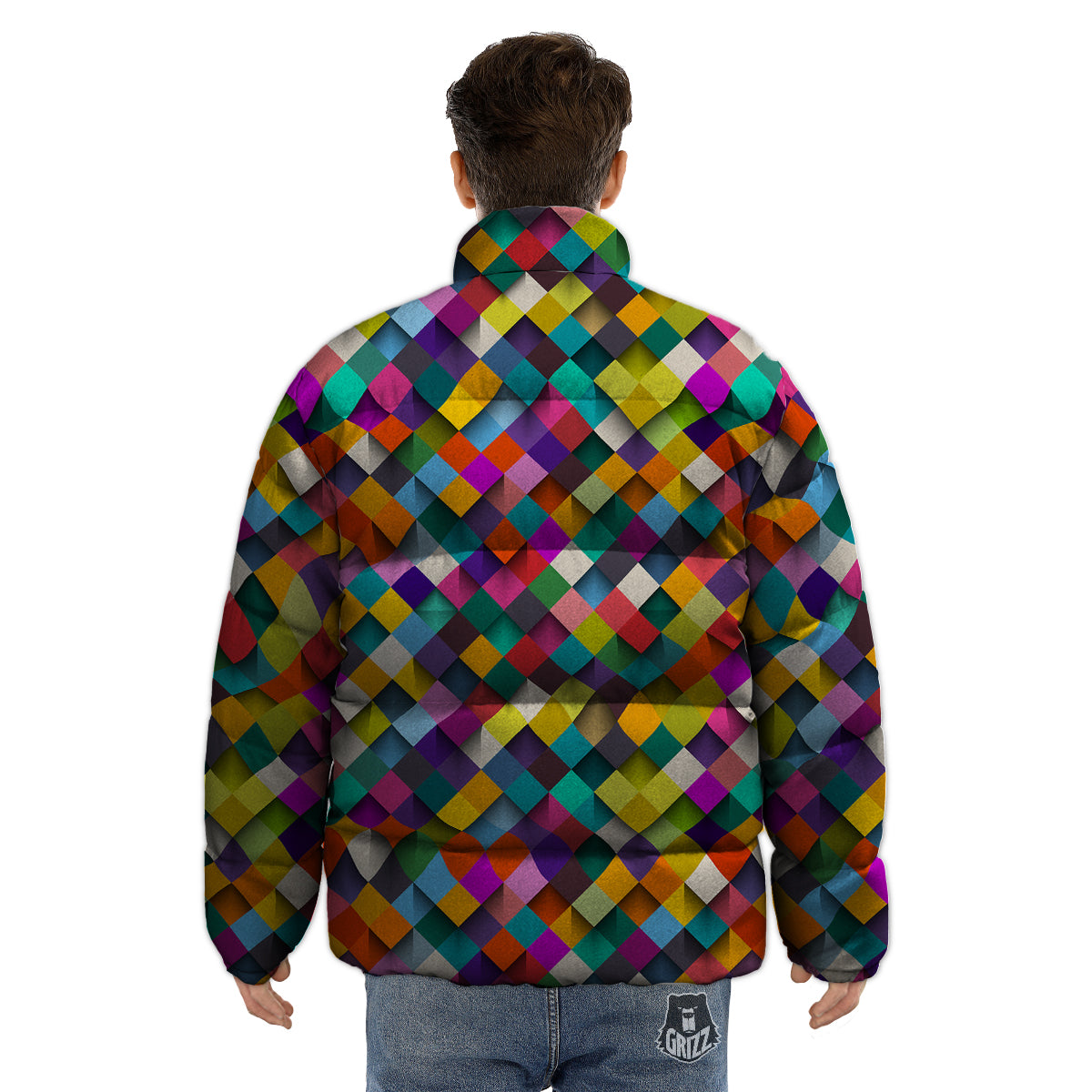 Squares 3D Colorful Print Pattern Puffer Jacket-grizzshop