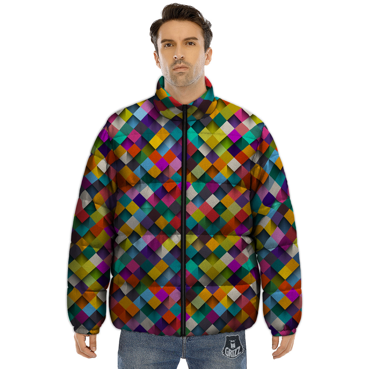 Squares 3D Colorful Print Pattern Puffer Jacket-grizzshop